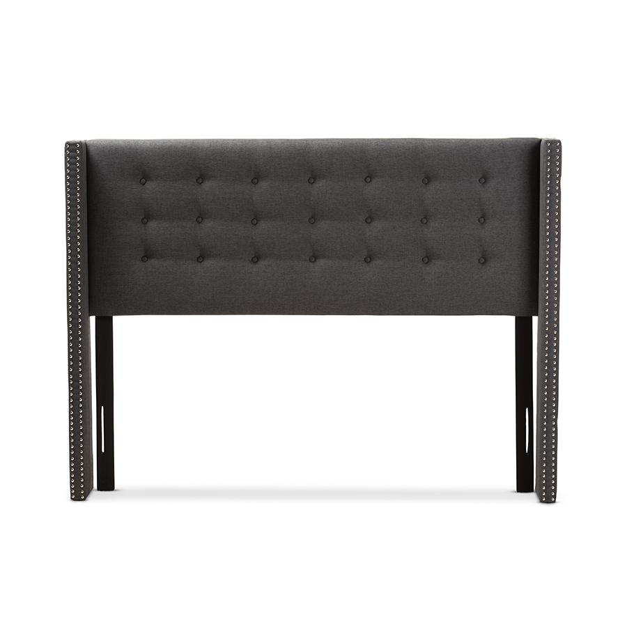 Ginaro Modern And Contemporary Dark Grey Fabric Button-Tufted Nail head King Size Winged Headboard. Picture 3