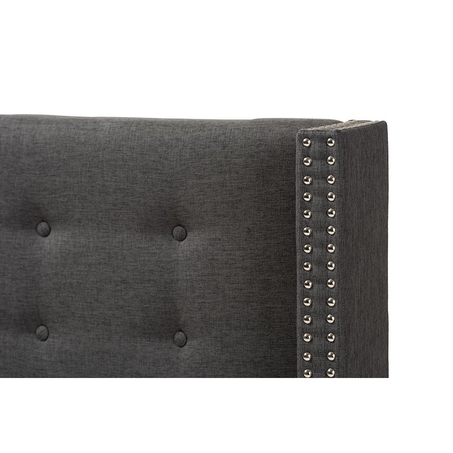 Ginaro Modern And Contemporary Dark Grey Fabric Button-Tufted Nail head King Size Winged Headboard. Picture 4