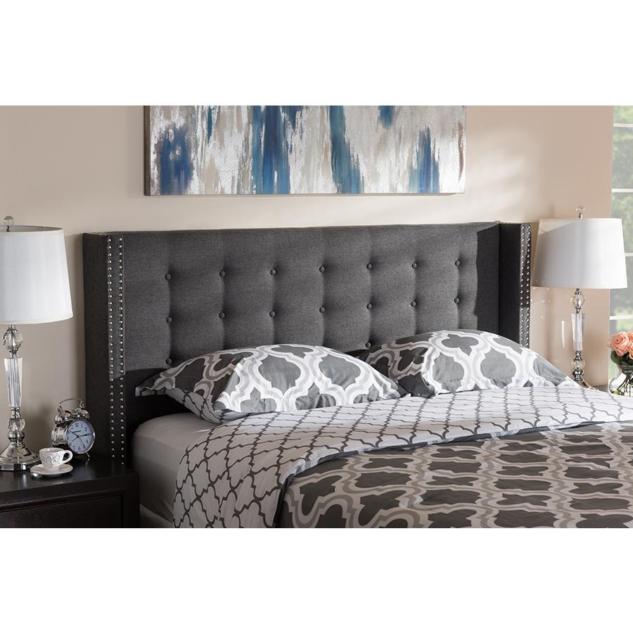 Ginaro Modern And Contemporary Dark Grey Fabric Button-Tufted Nail head King Size Winged Headboard. Picture 2