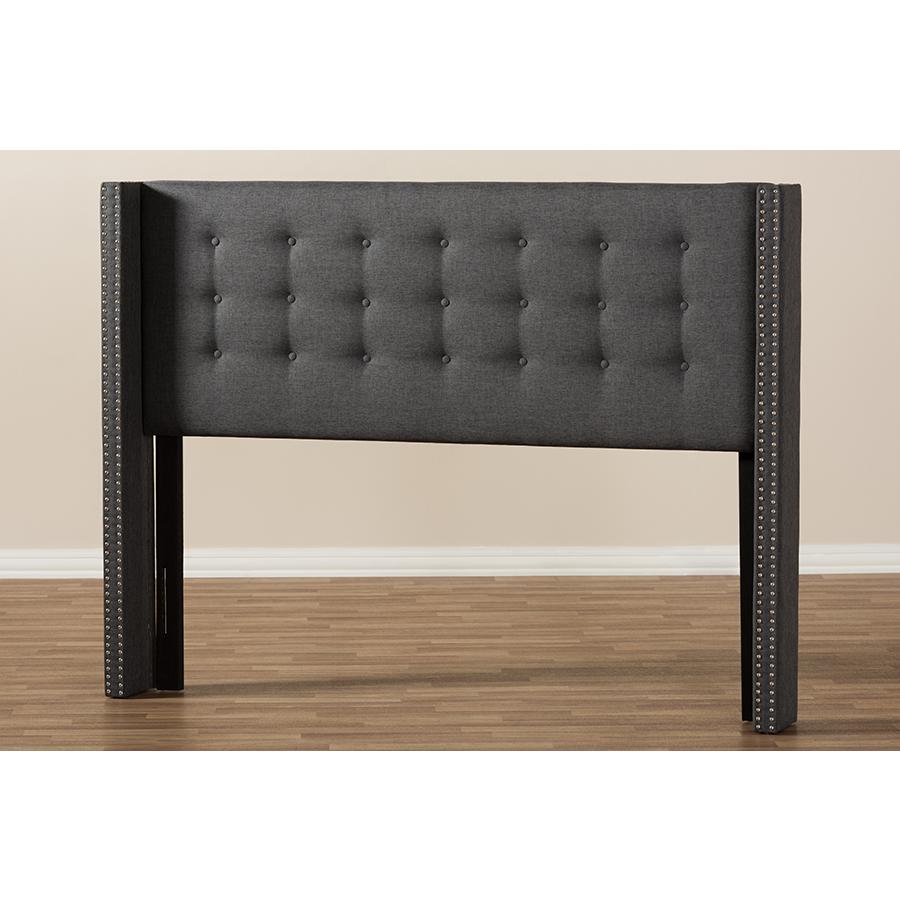 Ginaro Modern And Contemporary Dark Grey Fabric Button-Tufted Nail head King Size Winged Headboard. Picture 6