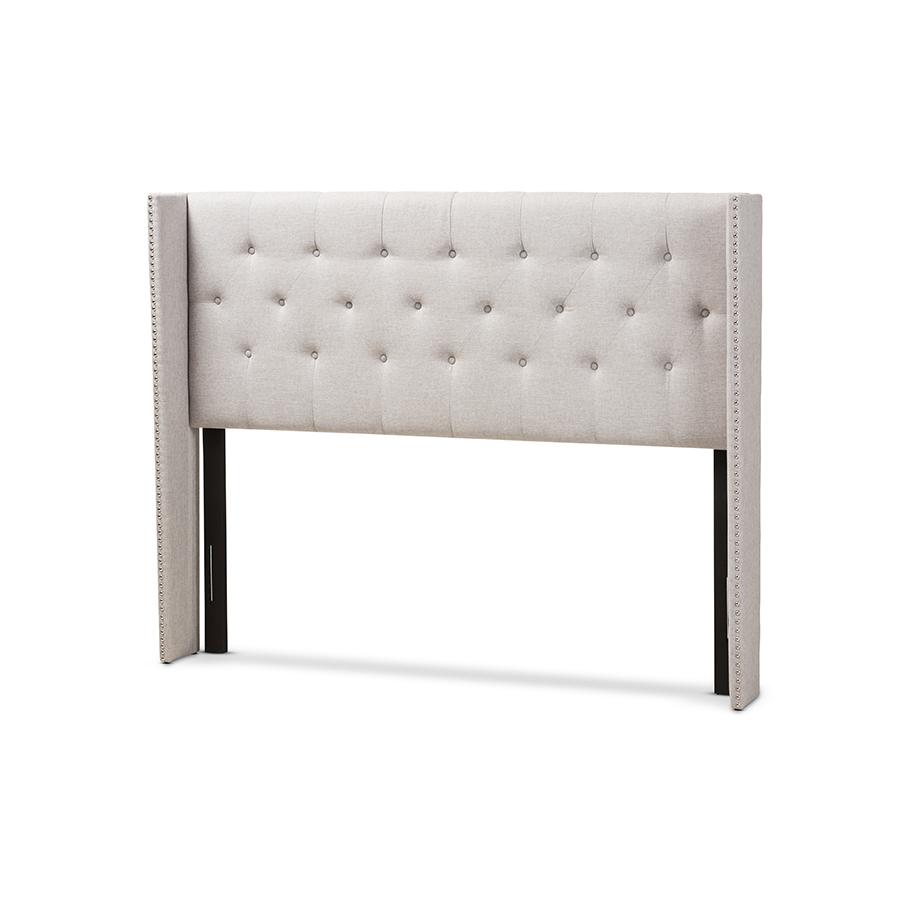 Ally Modern And Contemporary Greyish Beige Fabric Button-Tufted Nail head King Size Winged Headboard. Picture 1
