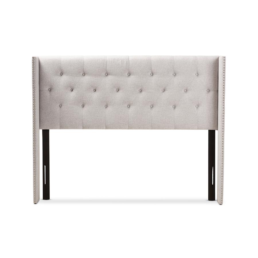 Ally Modern And Contemporary Greyish Beige Fabric Button-Tufted Nail head King Size Winged Headboard. Picture 2