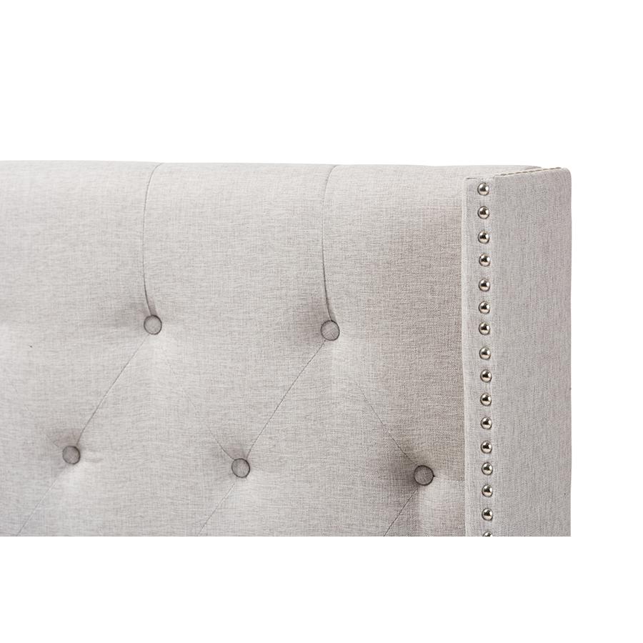 Ally Modern And Contemporary Greyish Beige Fabric Button-Tufted Nail head King Size Winged Headboard. Picture 3