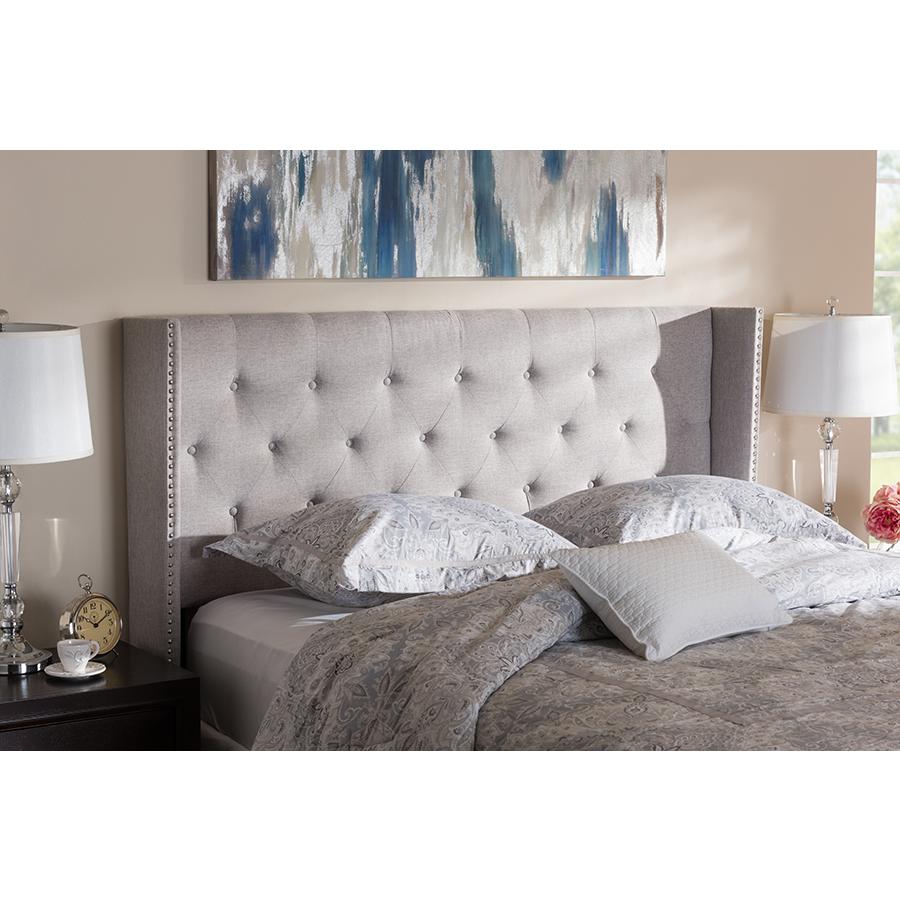 Ally Modern And Contemporary Greyish Beige Fabric Button-Tufted Nail head King Size Winged Headboard. Picture 4