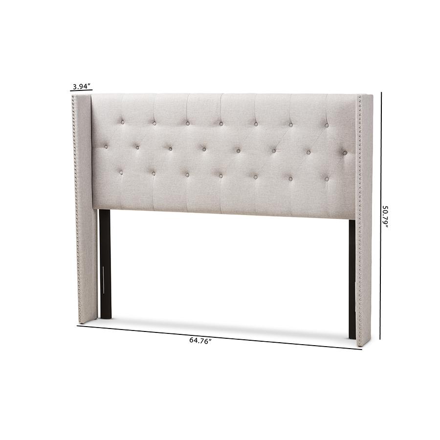 Ally Modern And Contemporary Greyish Beige Fabric Button-Tufted Nail head King Size Winged Headboard. Picture 6