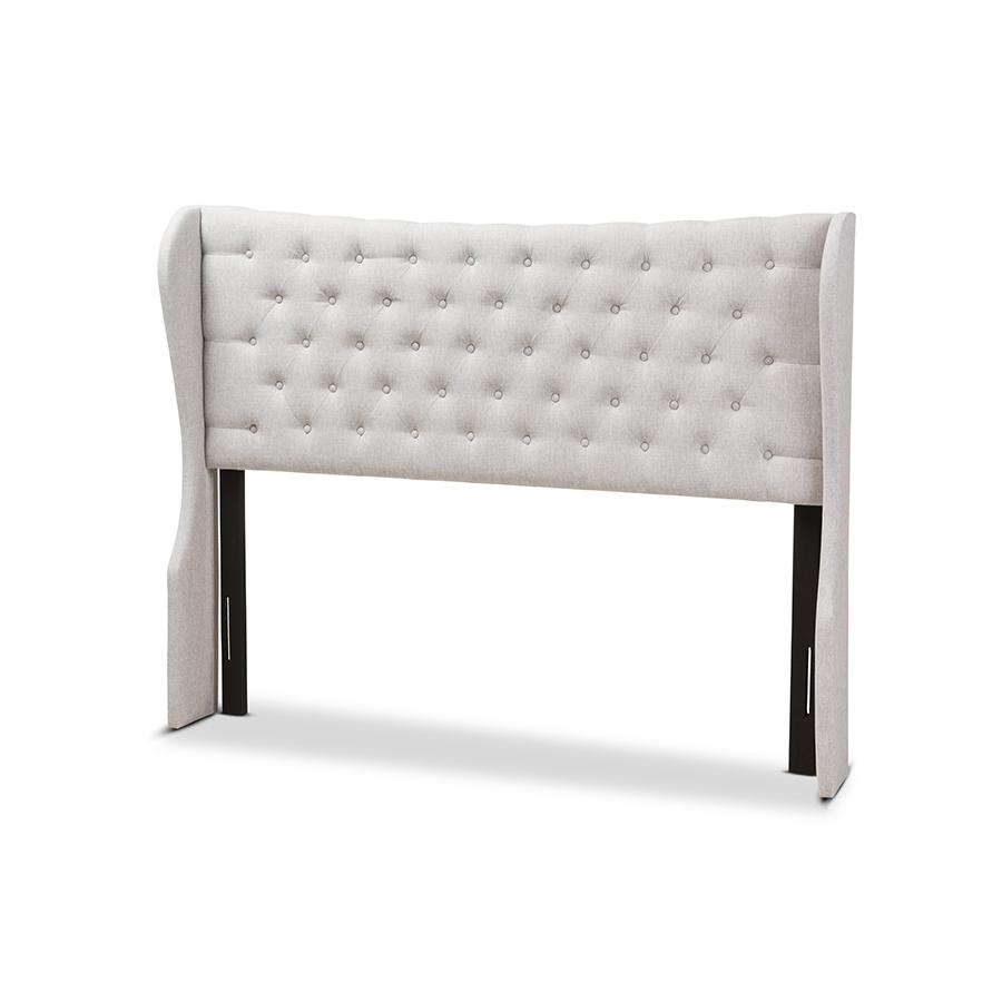 Cadence Modern and Contemporary Greyish Beige Fabric Button-Tufted Queen Size Winged Headboard. Picture 1