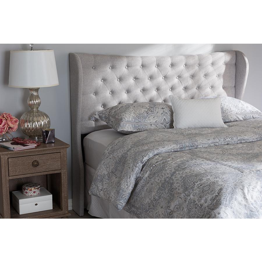 Cadence Modern and Contemporary Greyish Beige Fabric Button-Tufted Queen Size Winged Headboard. Picture 2