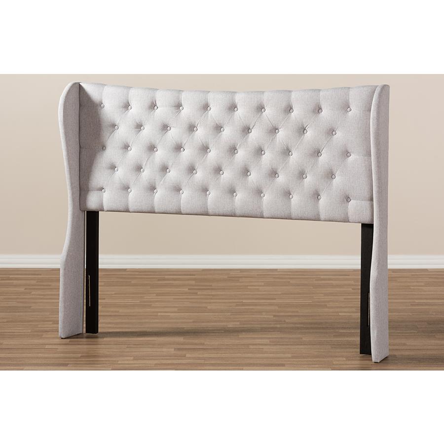 Cadence Modern and Contemporary Greyish Beige Fabric Button-Tufted King Size Winged Headboard. Picture 6
