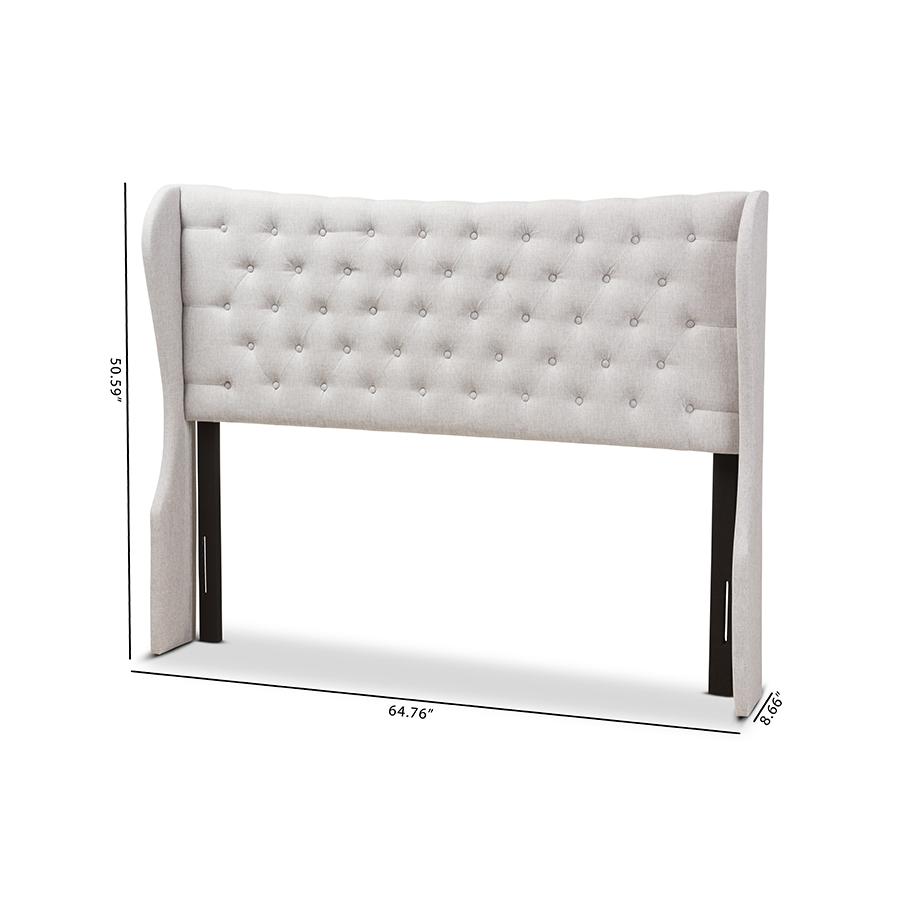 Cadence Modern and Contemporary Greyish Beige Fabric Button-Tufted Queen Size Winged Headboard. Picture 7