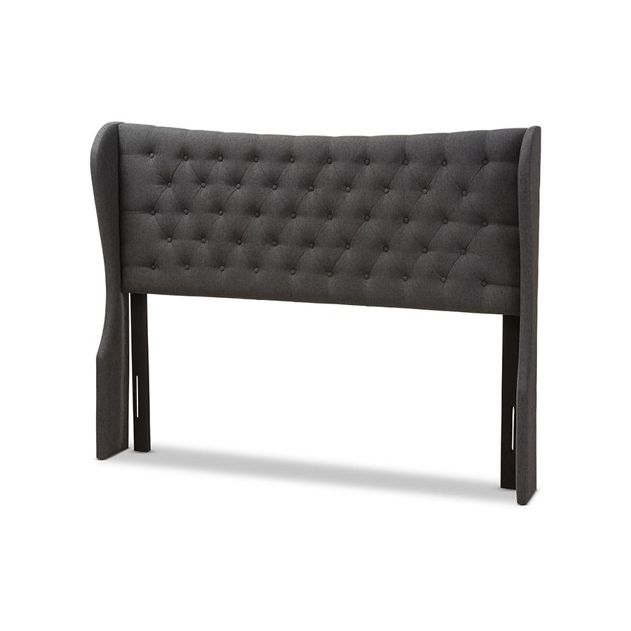 Cadence Modern and Contemporary Dark Grey Fabric Button-Tufted Queen Size Winged Headboard. The main picture.