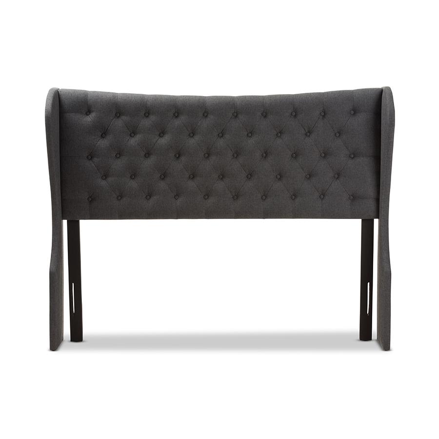 Cadence Modern and Contemporary Dark Grey Fabric Button-Tufted Queen Size Winged Headboard. Picture 3