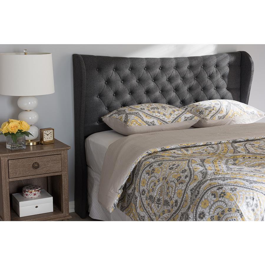 Cadence Modern and Contemporary Dark Grey Fabric Button-Tufted Full Size Winged Headboard. Picture 2