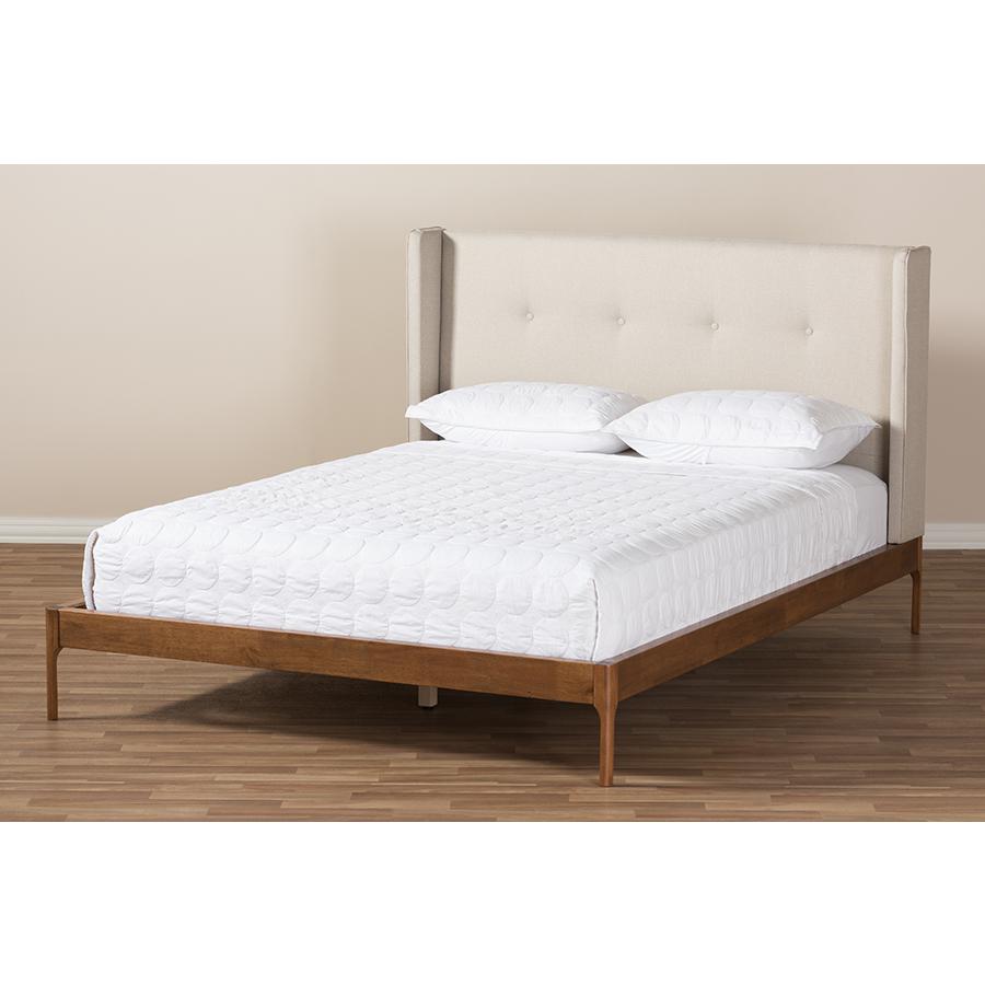 Brooklyn Mid-Century Modern Walnut Wood Beige Fabric Full Size Platform Bed. Picture 9
