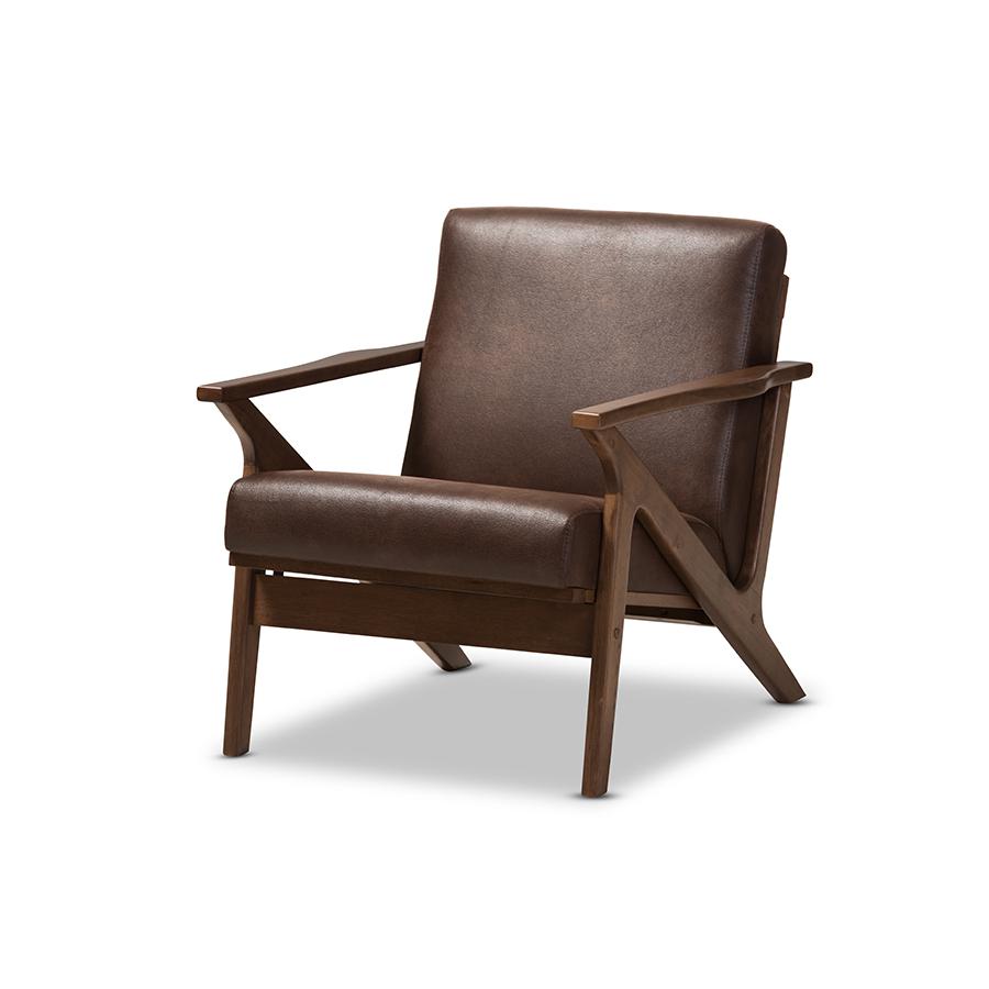 Baxton Studio Bianca Mid-Century Modern Walnut Wood Dark Brown Distressed Faux Leather Effect Lounge Chair. The main picture.