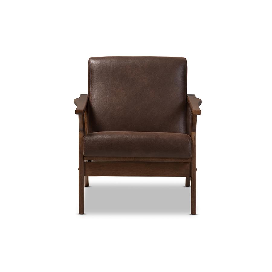 Baxton Studio Bianca Mid-Century Modern Walnut Wood Dark Brown Distressed Faux Leather Effect Lounge Chair. Picture 2