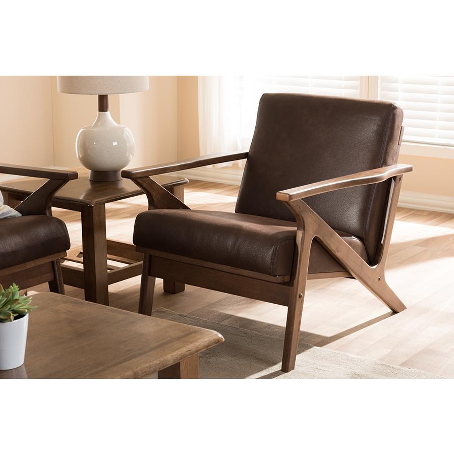Baxton Studio Bianca Mid-Century Modern Walnut Wood Dark Brown Distressed Faux Leather Effect Lounge Chair. Picture 7