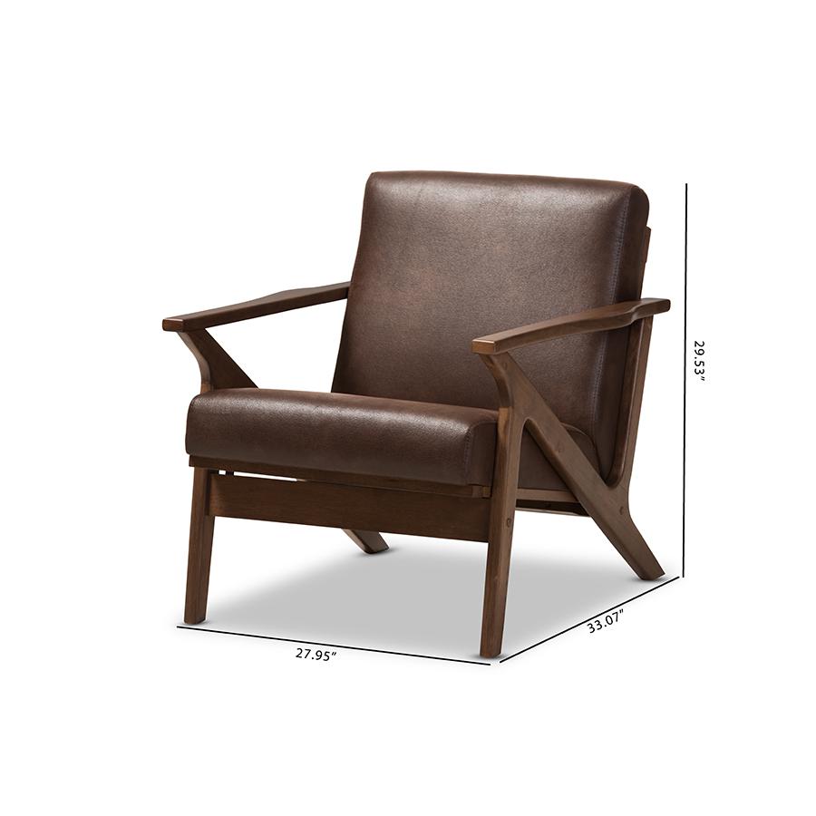Baxton Studio Bianca Mid-Century Modern Walnut Wood Dark Brown Distressed Faux Leather Effect Lounge Chair. Picture 9