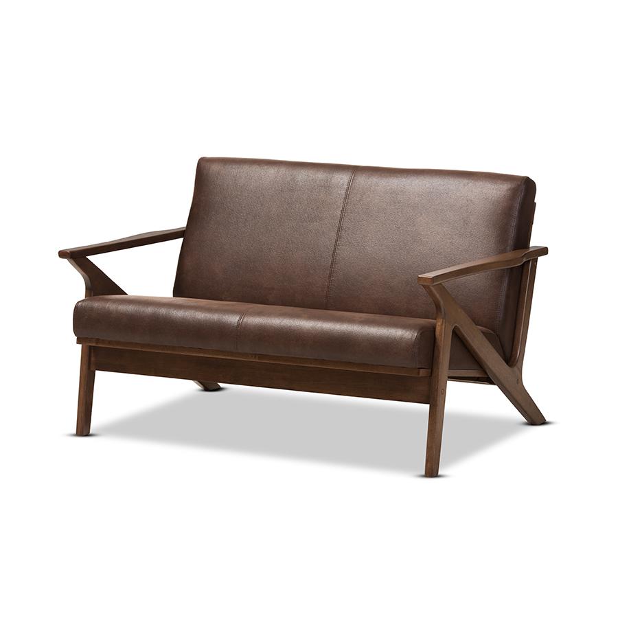 Baxton Studio Bianca Mid-Century Modern Walnut Wood Dark Brown Distressed Faux Leather Effect 2-Seater Loveseat. The main picture.