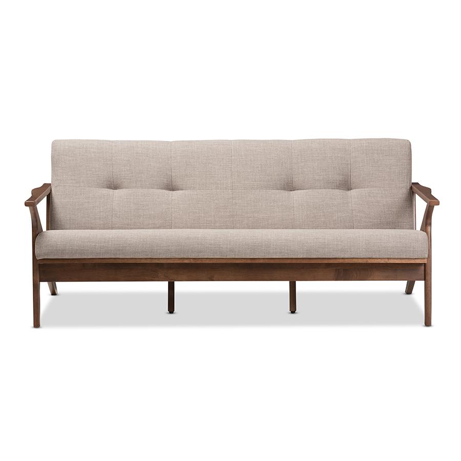Bianca Mid-Century Modern Walnut Wood Light Grey Fabric Tufted 3-Seater Sofa. Picture 2