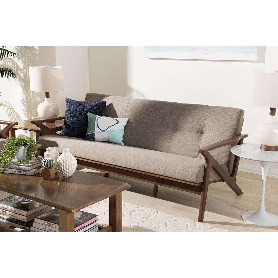 Bianca Mid-Century Modern Walnut Wood Light Grey Fabric Tufted 3-Seater Sofa. Picture 8