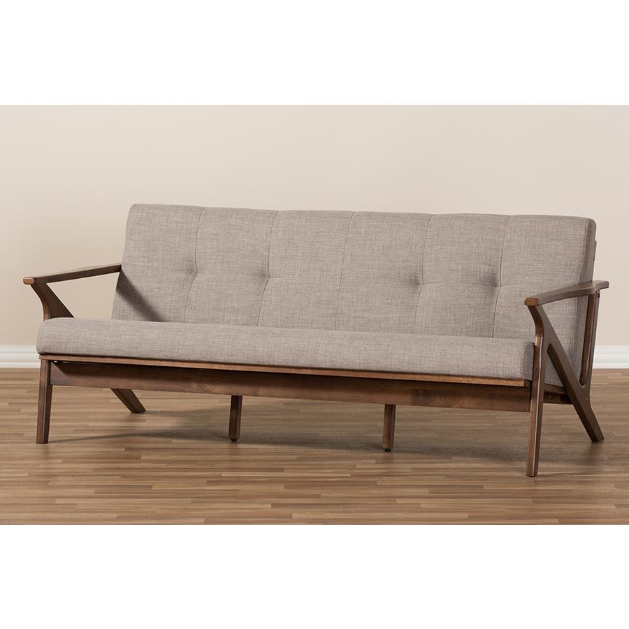 Bianca Mid-Century Modern Walnut Wood Light Grey Fabric Tufted 3-Seater Sofa. Picture 9