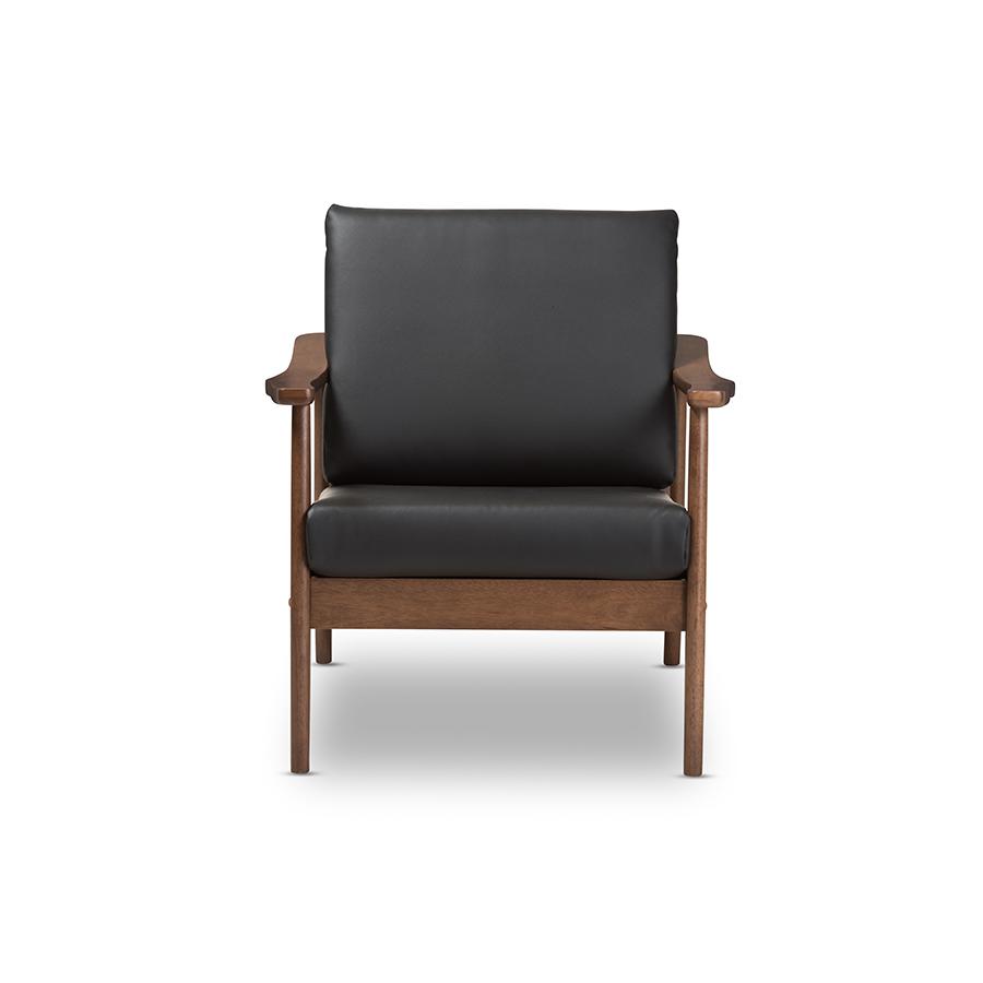 Venza Mid-Century Modern Walnut Wood Black Faux Leather Lounge Chair. Picture 2