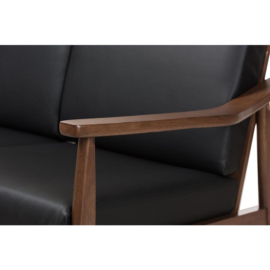 Venza Mid-Century Modern Walnut Wood Black Faux Leather 3-Piece Livingroom Set. Picture 2