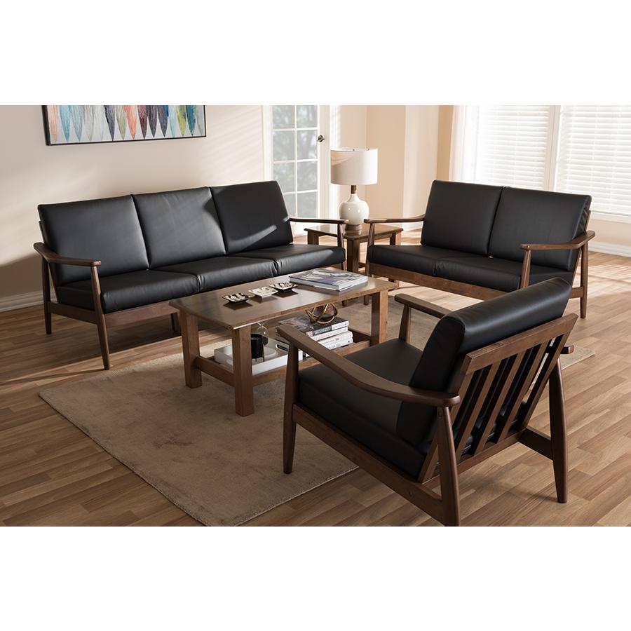 Venza Mid-Century Modern Walnut Wood Black Faux Leather 3-Piece Livingroom Set. Picture 4