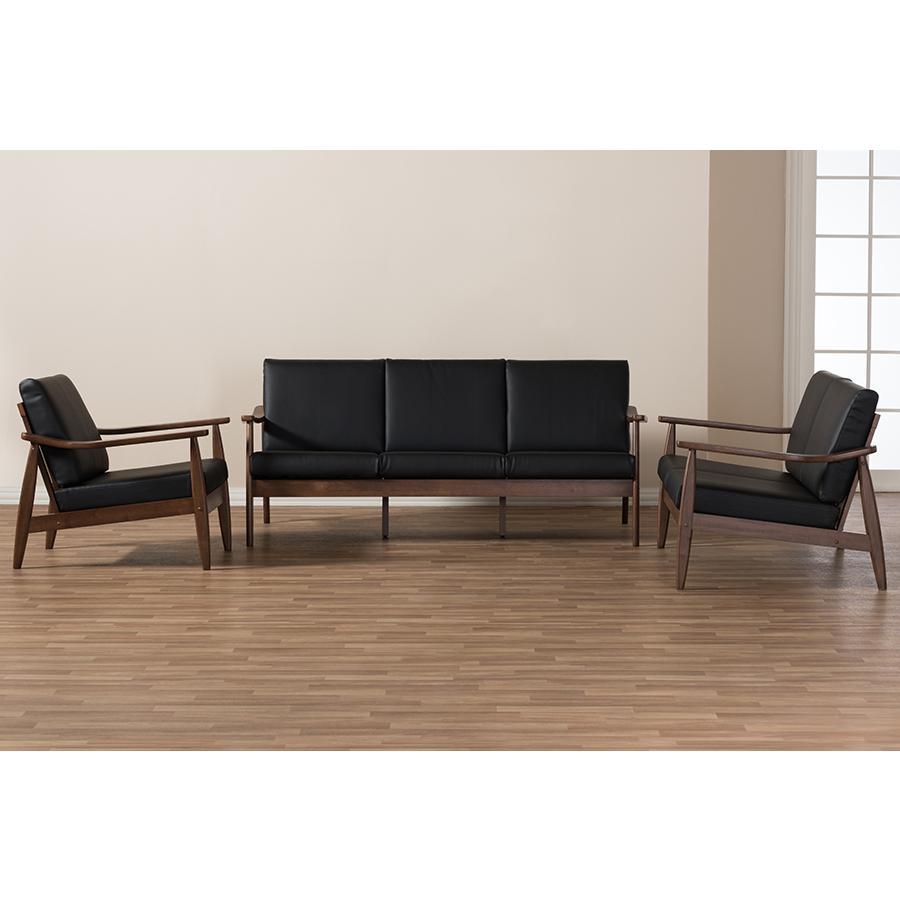 Venza Mid-Century Modern Walnut Wood Black Faux Leather 3-Piece Livingroom Set. Picture 5