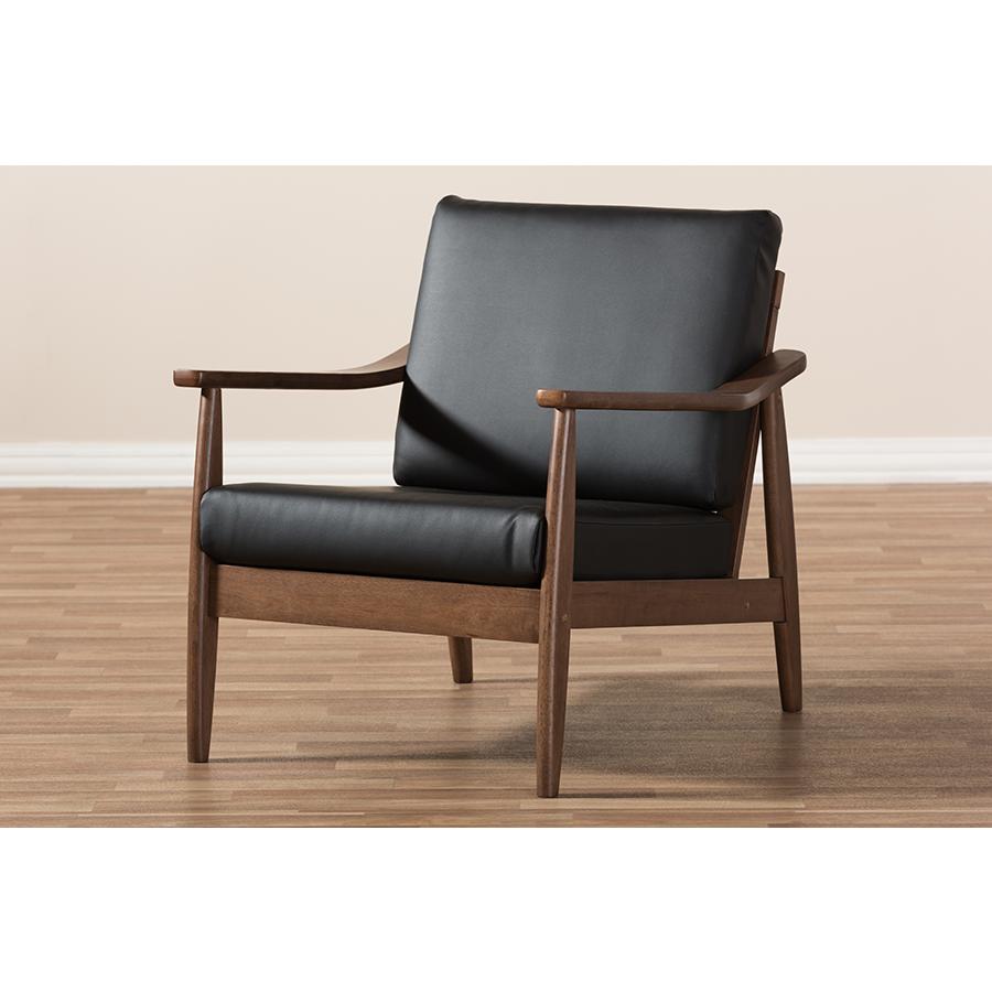 Venza Mid-Century Modern Walnut Wood Black Faux Leather Lounge Chair. Picture 8
