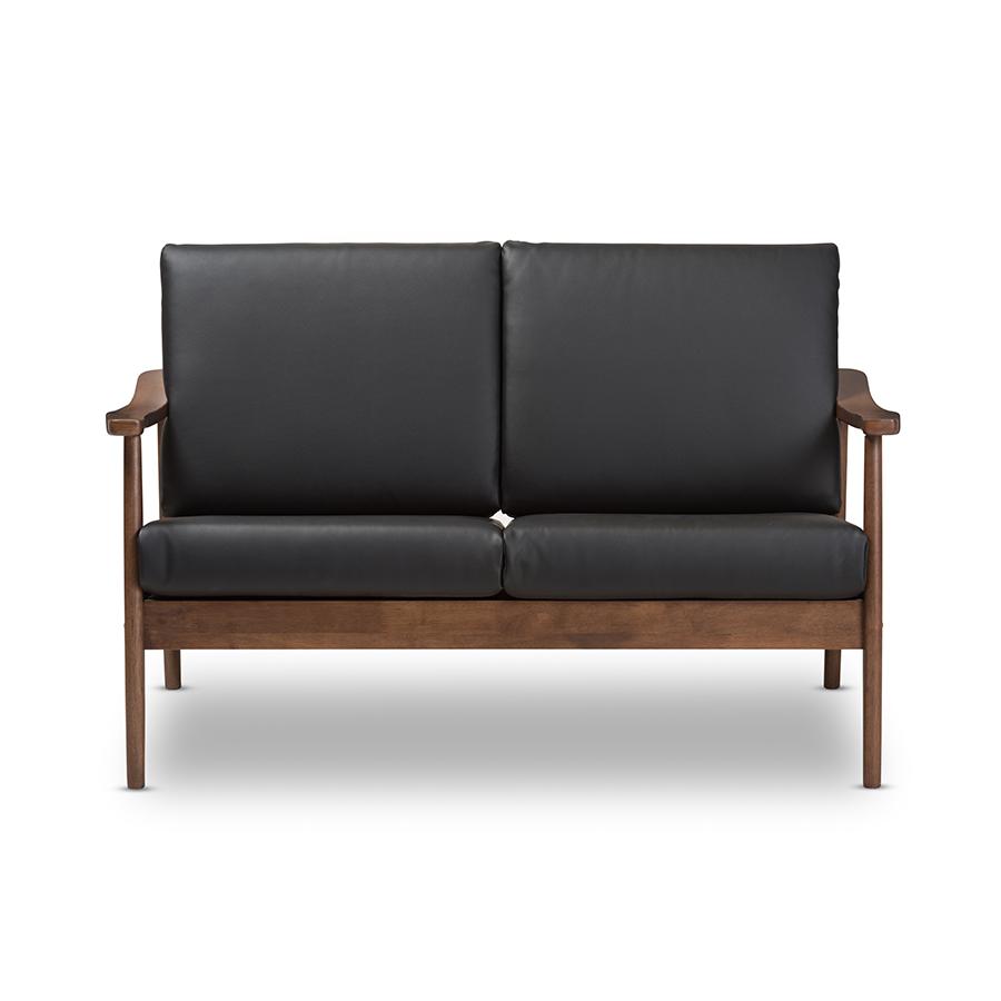 Venza Mid-Century Modern Walnut Wood Black Faux Leather 2-Seater Loveseat. Picture 2