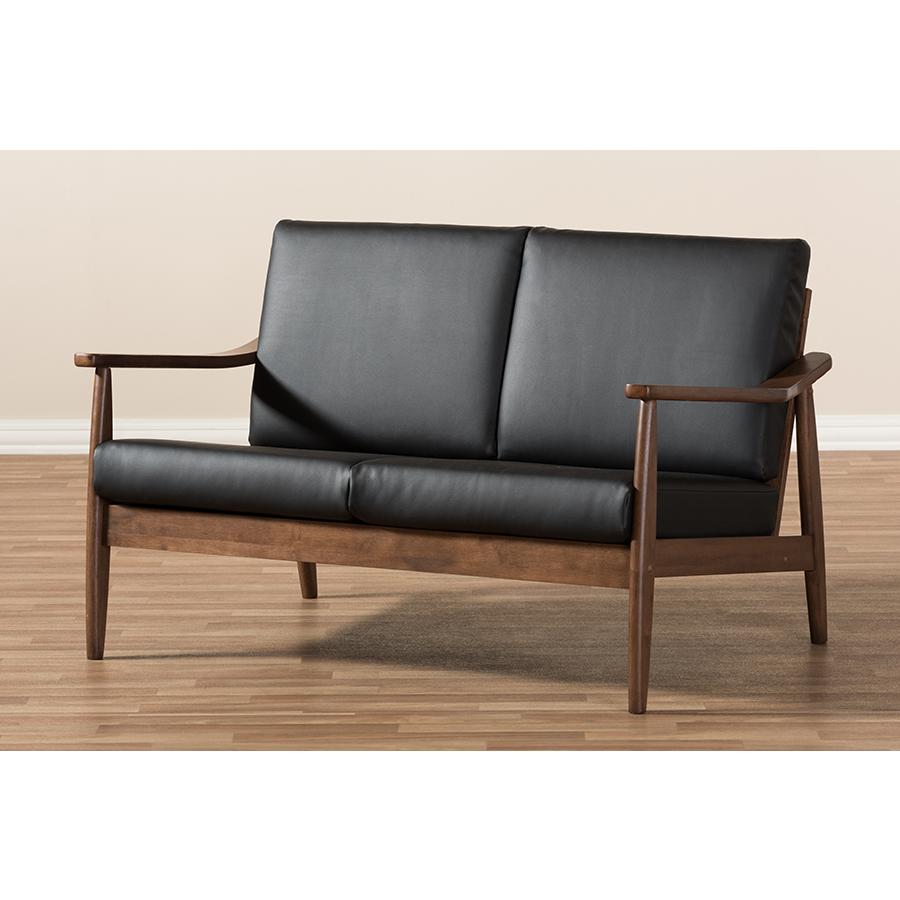 Venza Mid-Century Modern Walnut Wood Black Faux Leather 2-Seater Loveseat. Picture 8