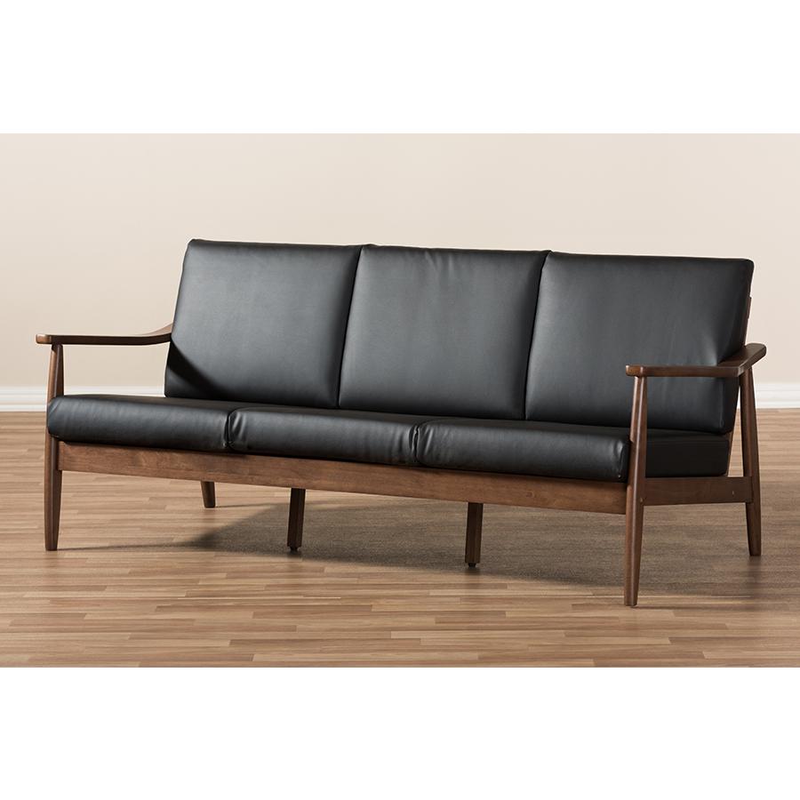 Venza Mid-Century Modern Walnut Wood Black Faux Leather 3-Seater Sofa. Picture 8