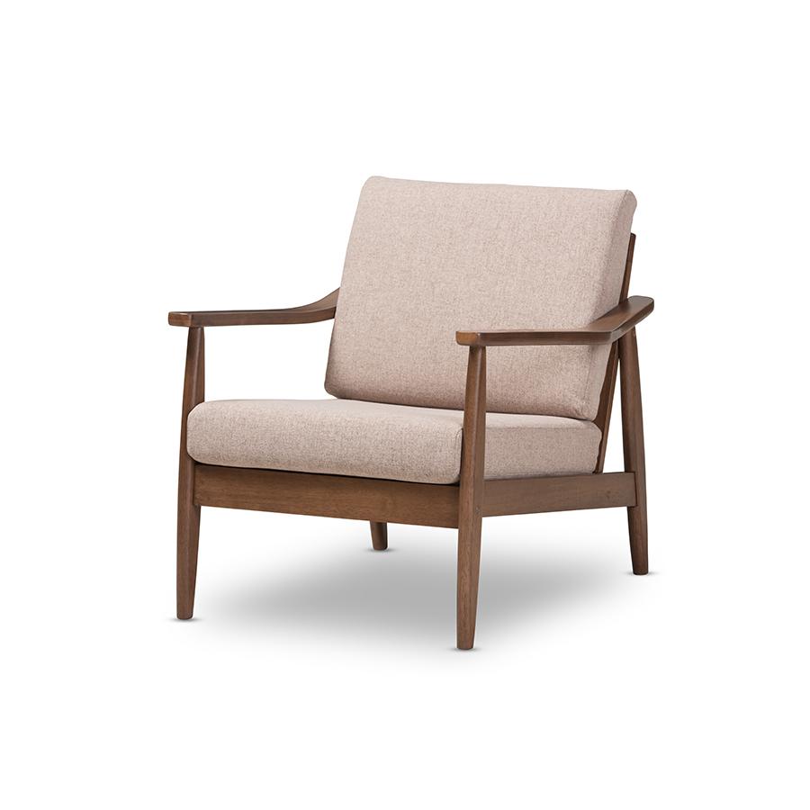 Venza Mid-Century Modern Walnut Wood Light Brown Fabric Upholstered Lounge Chair. Picture 1