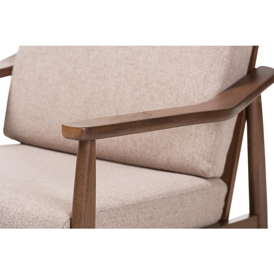 Venza Mid-Century Modern Walnut Wood Light Brown Fabric Upholstered Lounge Chair. Picture 5