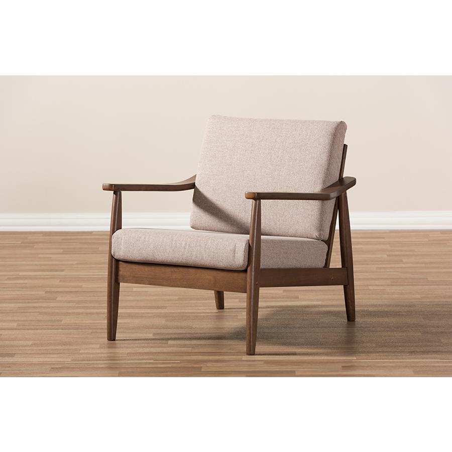 Venza Mid-Century Modern Walnut Wood Light Brown Fabric Upholstered Lounge Chair. Picture 8