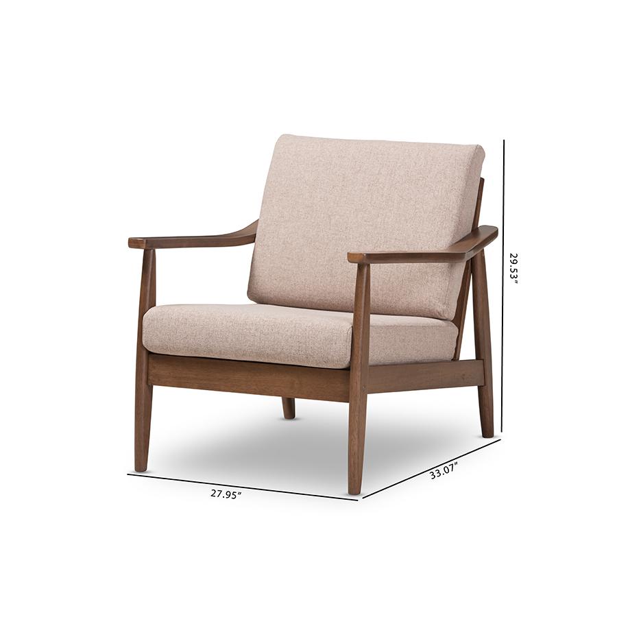 Venza Mid-Century Modern Walnut Wood Light Brown Fabric Upholstered Lounge Chair. Picture 9