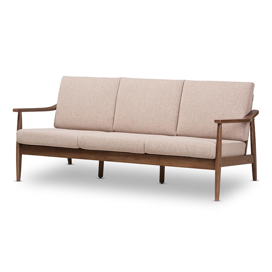 Venza Mid-Century Modern Walnut Wood Light Brown Fabric Upholstered 3-Seater Sofa. The main picture.
