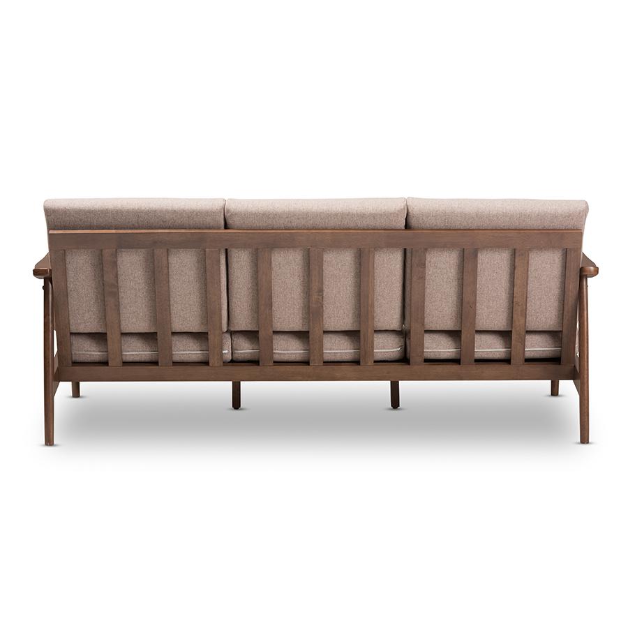 Venza Mid-Century Modern Walnut Wood Light Brown Fabric Upholstered 3-Seater Sofa. Picture 4