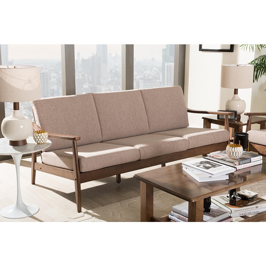 Venza Mid-Century Modern Walnut Wood Light Brown Fabric Upholstered 3-Seater Sofa. Picture 7