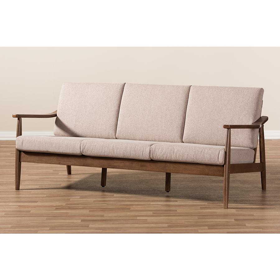 Walnut Wood Light Brown Fabric Upholstered 3-Seater Sofa. Picture 8