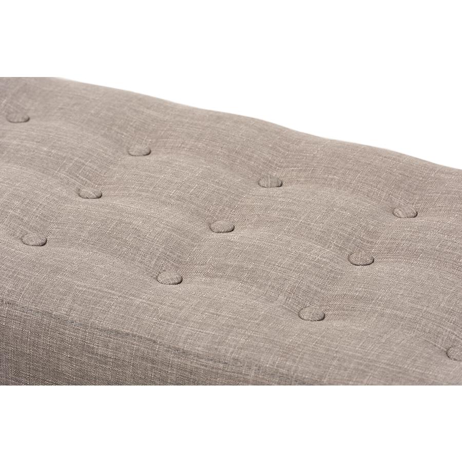 Elia Mid-Century Modern Walnut Wood Light Grey Fabric Button-Tufted Bench. Picture 4