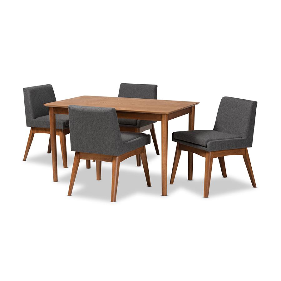 Dark Grey Fabric Upholstered and Walnut Brown Finished Wood 5-Piece Dining Set. Picture 1