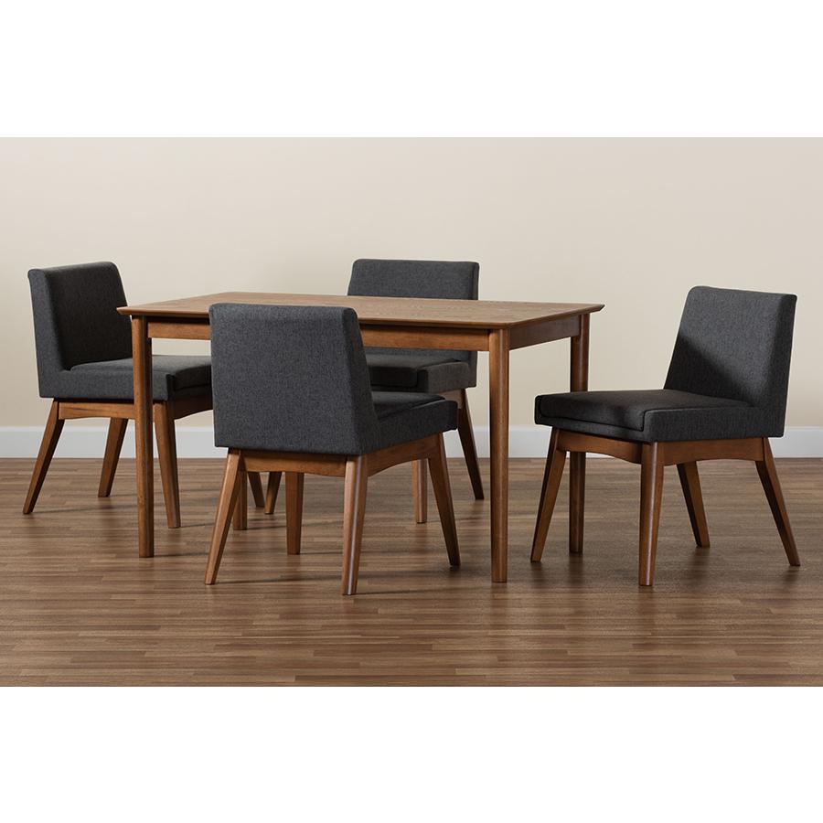 Dark Grey Fabric Upholstered and Walnut Brown Finished Wood 5-Piece Dining Set. Picture 8