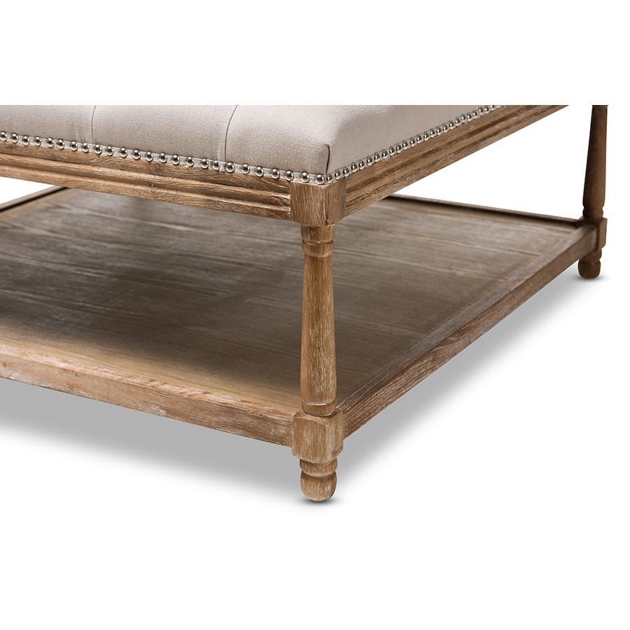 Carlotta French Country Weathered Oak Beige Linen Square Coffee Table Ottoman. Picture 4