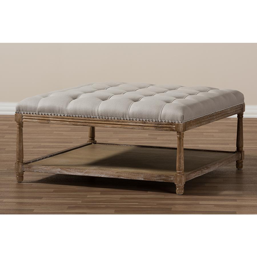Carlotta French Country Weathered Oak Beige Linen Square Coffee Table Ottoman. Picture 6