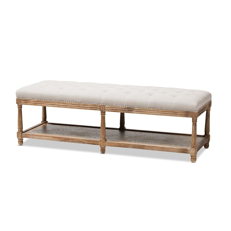 Celeste French Country Weathered Oak Beige Linen Upholstered Ottoman Bench. Picture 1