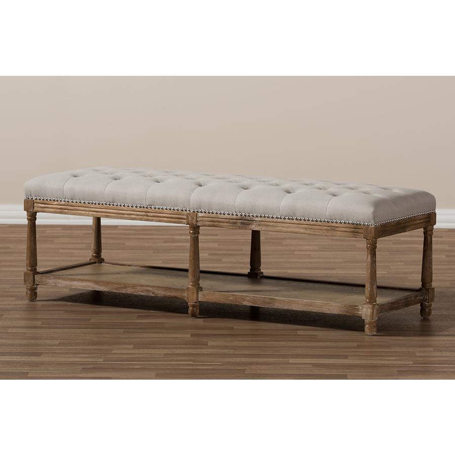 Celeste French Country Weathered Oak Beige Linen Upholstered Ottoman Bench. Picture 7