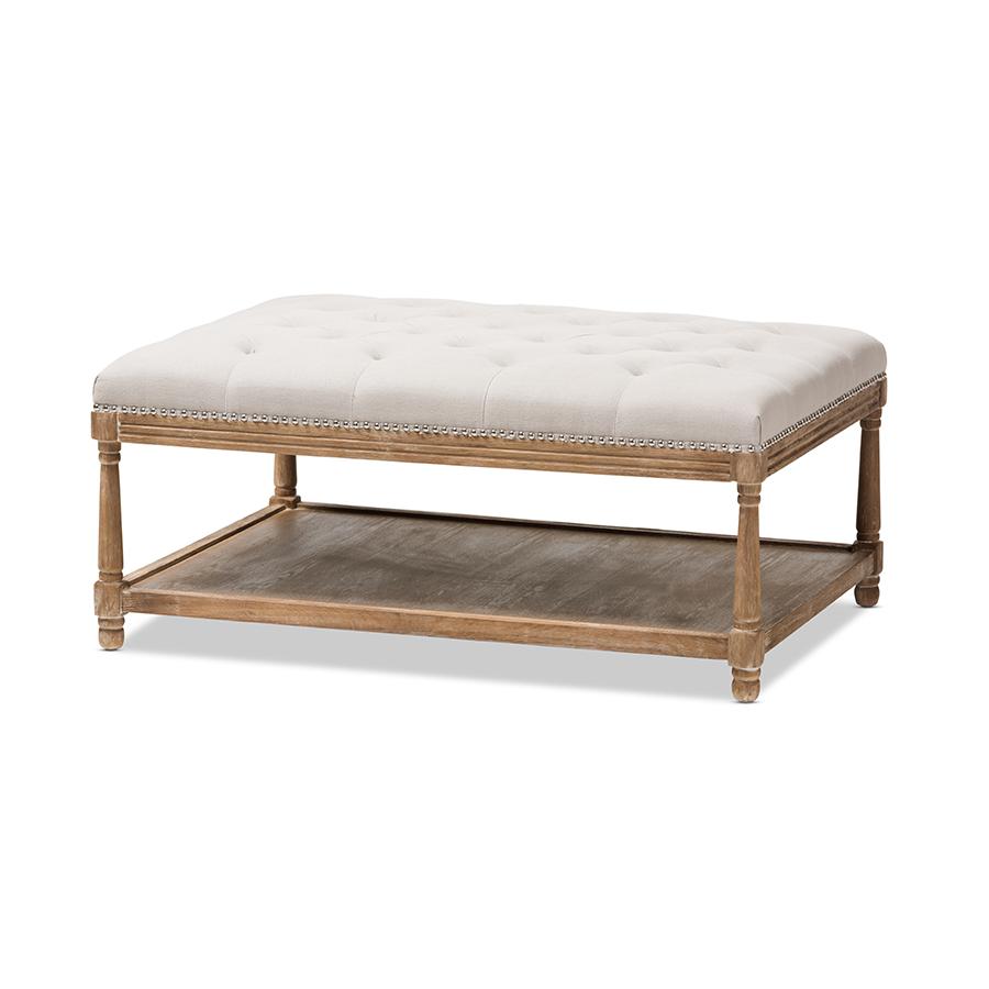 Country Weathered Oak Beige Linen Rectangular Coffee Table Ottoman. Picture 1