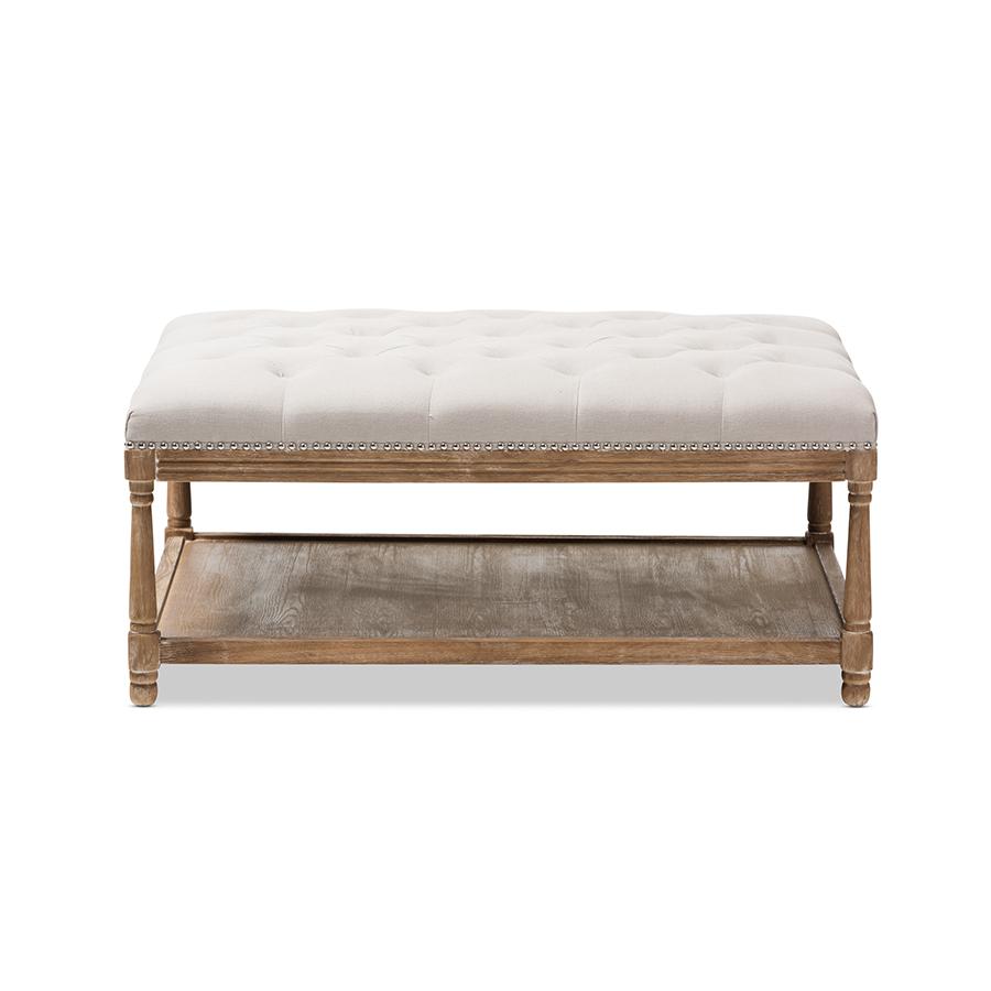 Country Weathered Oak Beige Linen Rectangular Coffee Table Ottoman. Picture 2